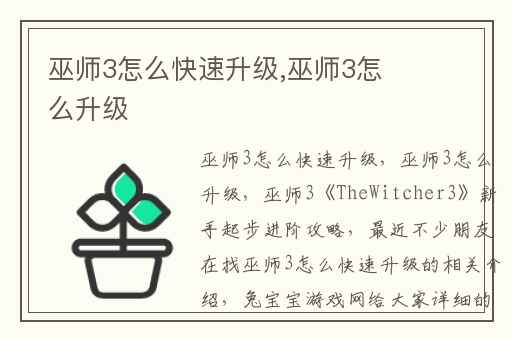 巫师3怎么快速升级,巫师3怎么升级