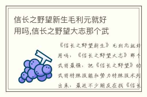 信长之野望新生毛利元就好用吗,信长之野望大志那个武将最强