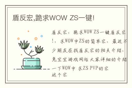 盾反宏,跪求WOW ZS一键!