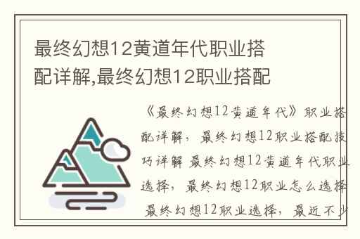最终幻想12黄道年代职业搭配详解,最终幻想12职业搭配技巧详解 最终幻想12黄道年代职业选择