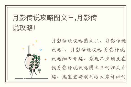 月影传说攻略图文三,月影传说攻略!