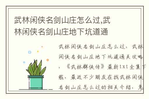 武林闲侠名剑山庄怎么过,武林闲侠名剑山庄地下坑道通关攻略