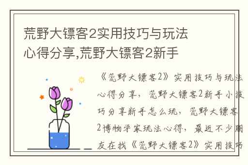 荒野大镖客2实用技巧与玩法心得分享,荒野大镖客2新手小技巧分享新手怎么玩