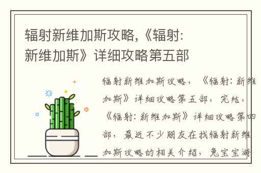 辐射新维加斯攻略,《辐射:新维加斯》详细攻略第五部(完结)