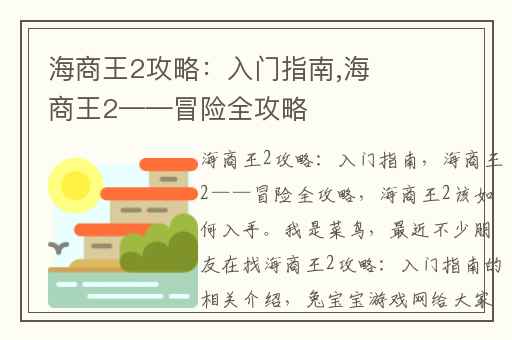 海商王2攻略:入门指南,海商王2——冒险全攻略