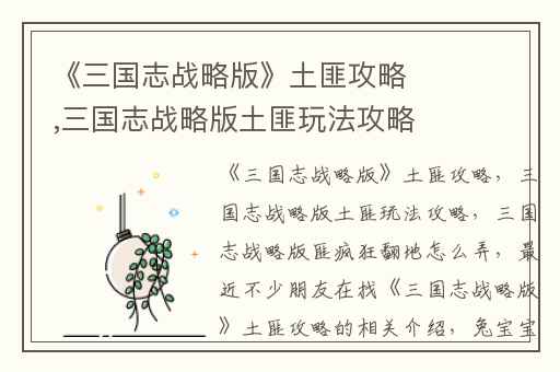 《三国志战略版》土匪攻略,三国志战略版土匪玩法攻略