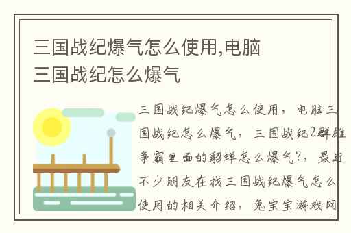 三国战纪爆气怎么使用,电脑三国战纪怎么爆气