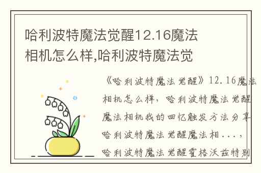哈利波特魔法觉醒12.16魔法相机怎么样,哈利波特魔法觉醒魔法相机我的回忆触发方法分享哈利波特魔法觉醒魔法相 ...