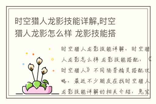 时空猎人龙影技能详解,时空猎人龙影怎么样 龙影技能搭配