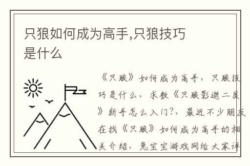 只狼如何成为高手,只狼技巧是什么