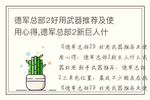 德军总部2好用武器推荐及使用心得,德军总部2新巨人什么武器好用 新手武器推荐
